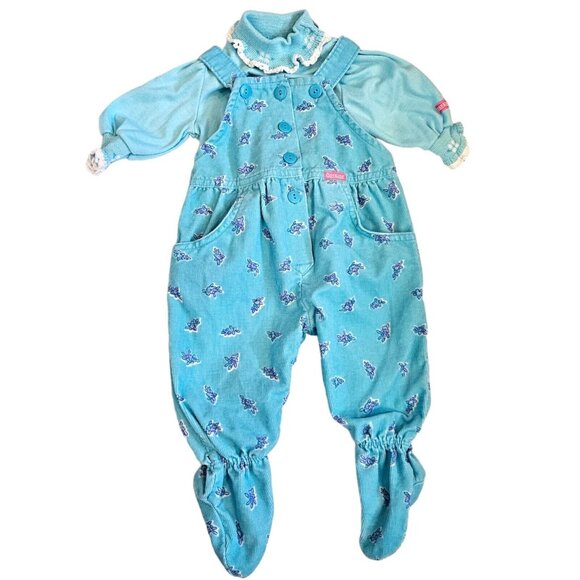VTG Oshkosh Baby Girl 3 6 Months Blue Corduroy Vestback Bibs Overalls Set‎ USA - Picture 2 of 14
